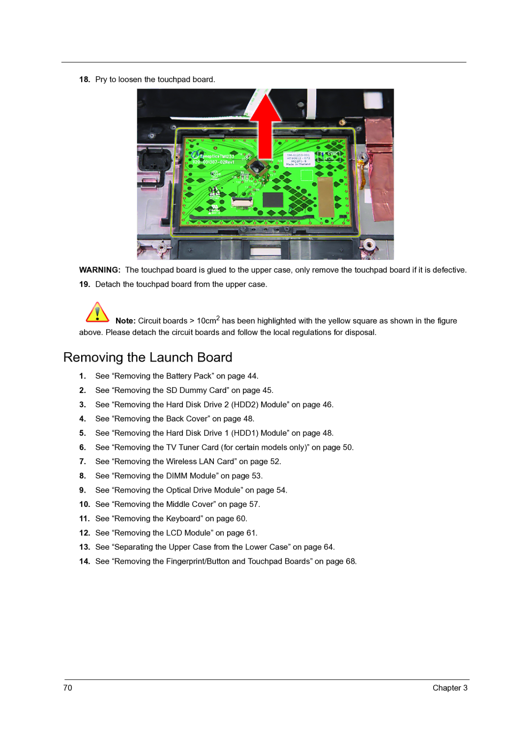 Acer 7738G, 7235, 7735G, 7535G, 7735ZG manual Removing the Launch Board 