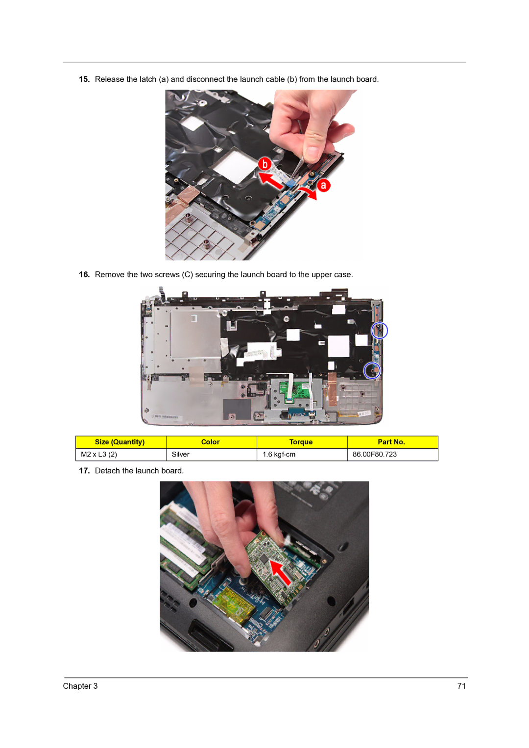 Acer 7735ZG, 7738G, 7235, 7735G, 7535G manual Detach the launch board Chapter 