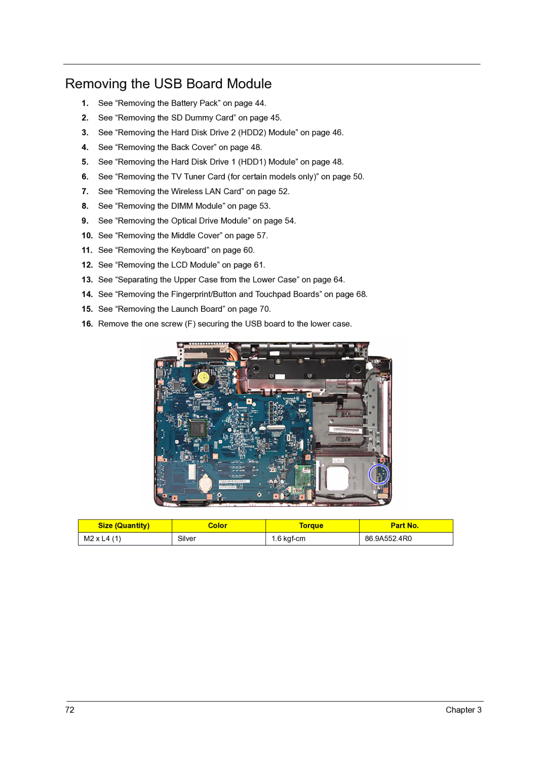 Acer 7738G, 7235, 7735G, 7535G, 7735ZG manual Removing the USB Board Module 