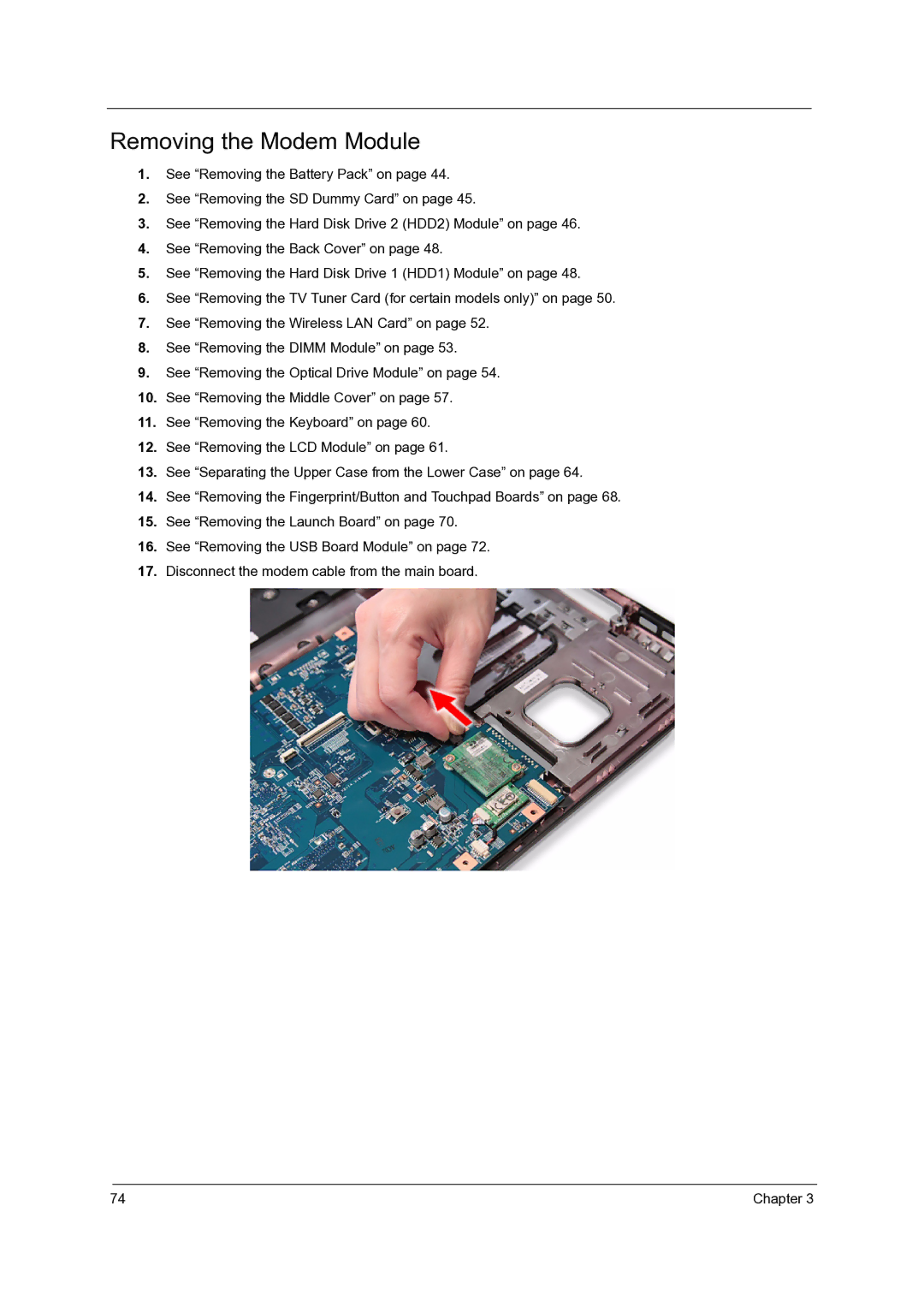 Acer 7738G, 7235, 7735G, 7535G, 7735ZG manual Removing the Modem Module 