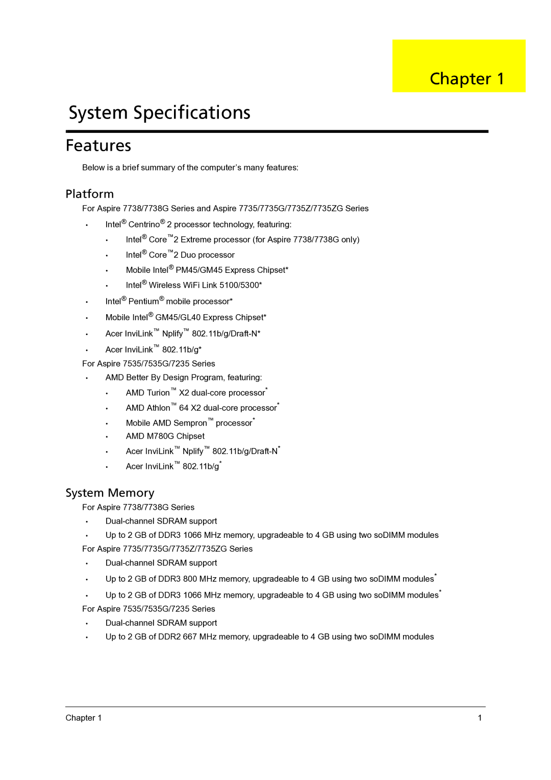 Acer 7738G, 7235, 7735G, 7535G, 7735ZG manual Chapter, Features, Below is a brief summary of the computer’s many features 