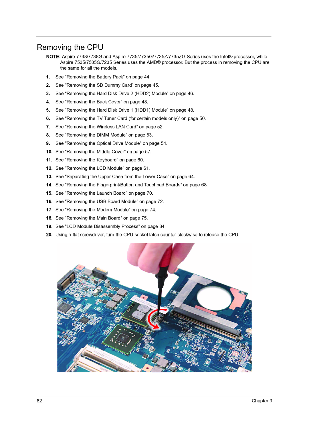 Acer 7738G, 7235, 7735G, 7535G, 7735ZG manual Removing the CPU 