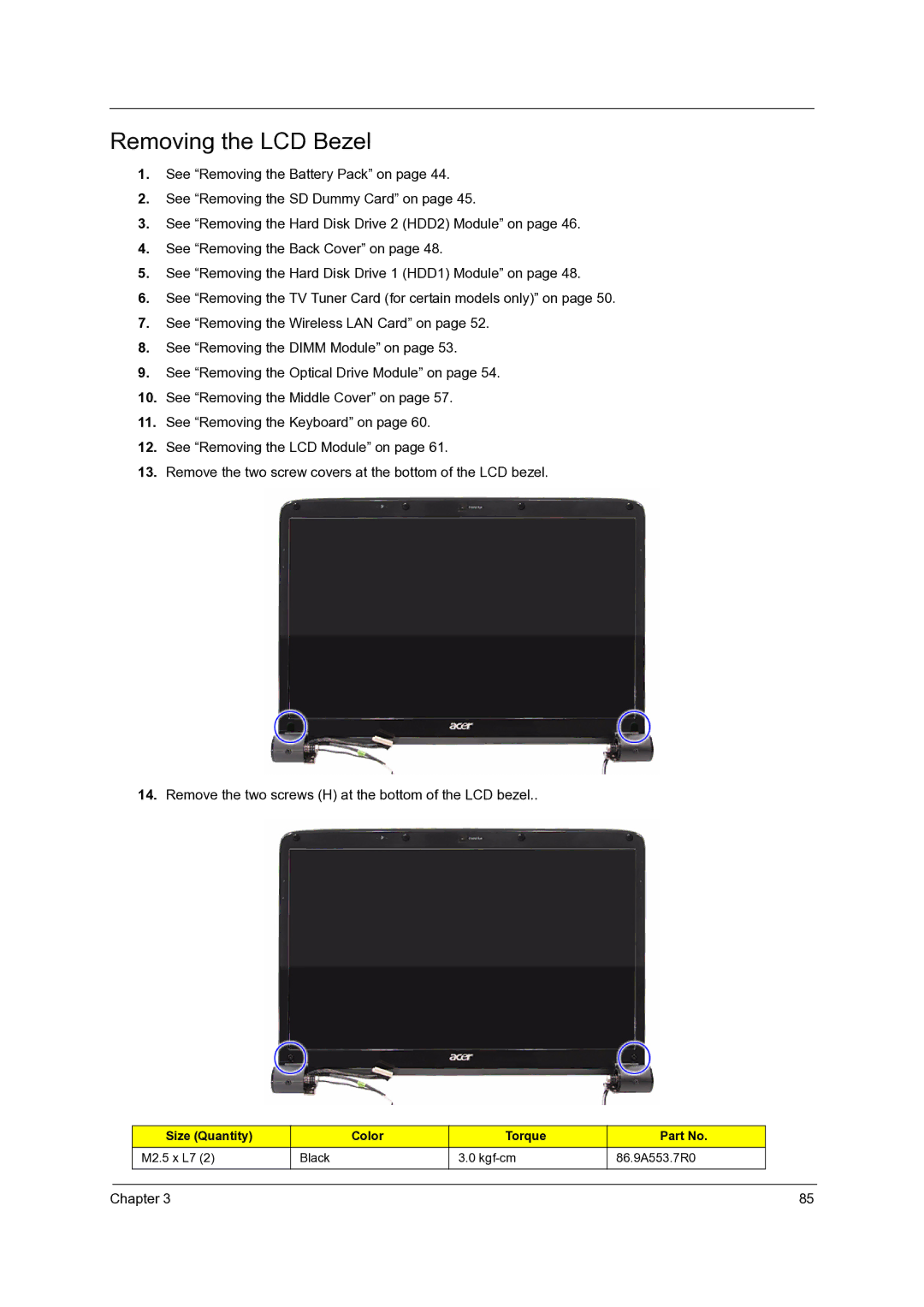 Acer 7535G, 7738G, 7235, 7735G, 7735ZG manual Removing the LCD Bezel 