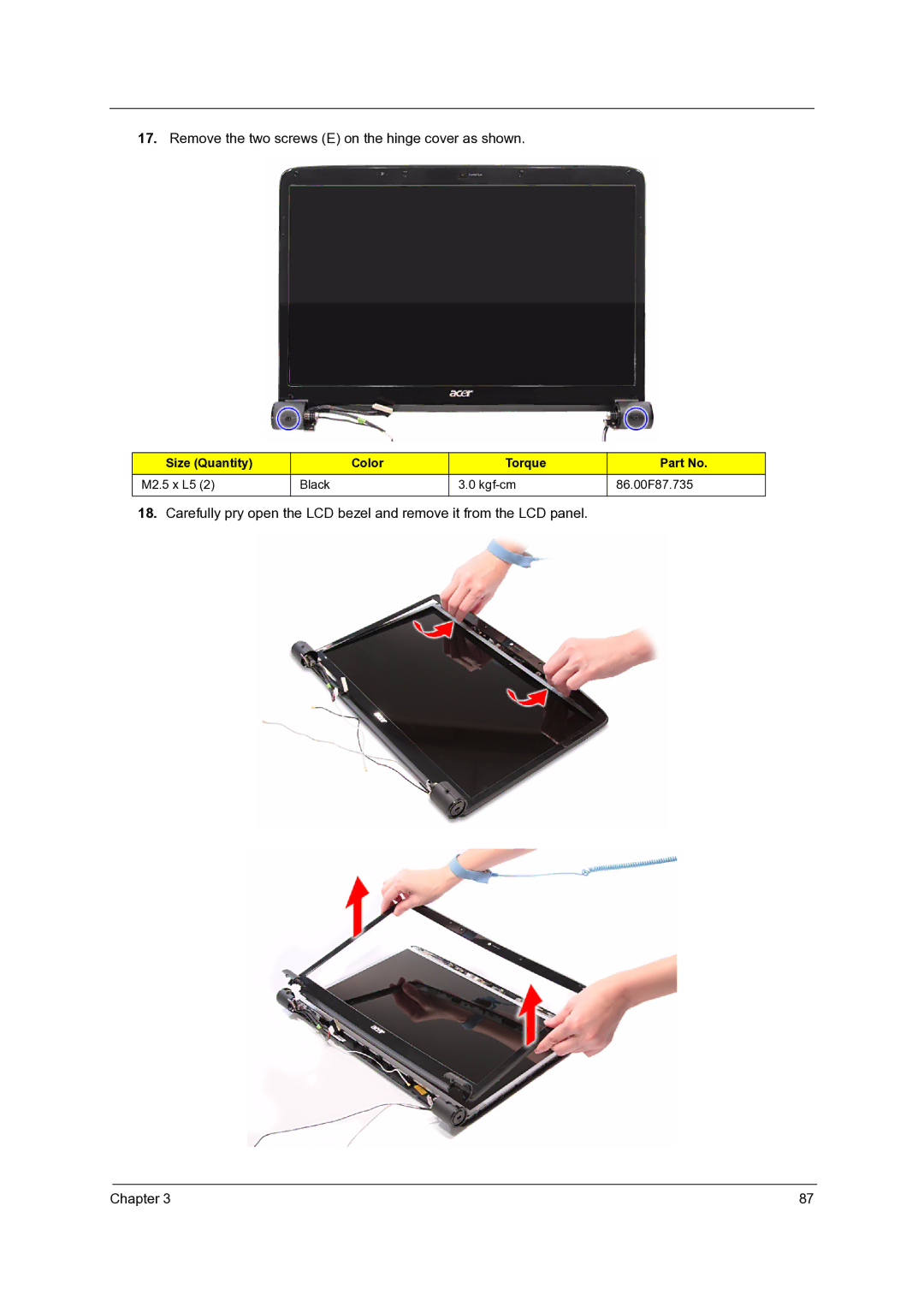 Acer 7735ZG, 7738G, 7235, 7735G, 7535G manual Remove the two screws E on the hinge cover as shown 