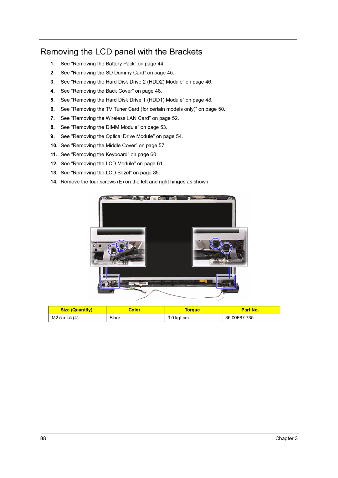 Acer 7738G, 7235, 7735G, 7535G, 7735ZG manual Removing the LCD panel with the Brackets 