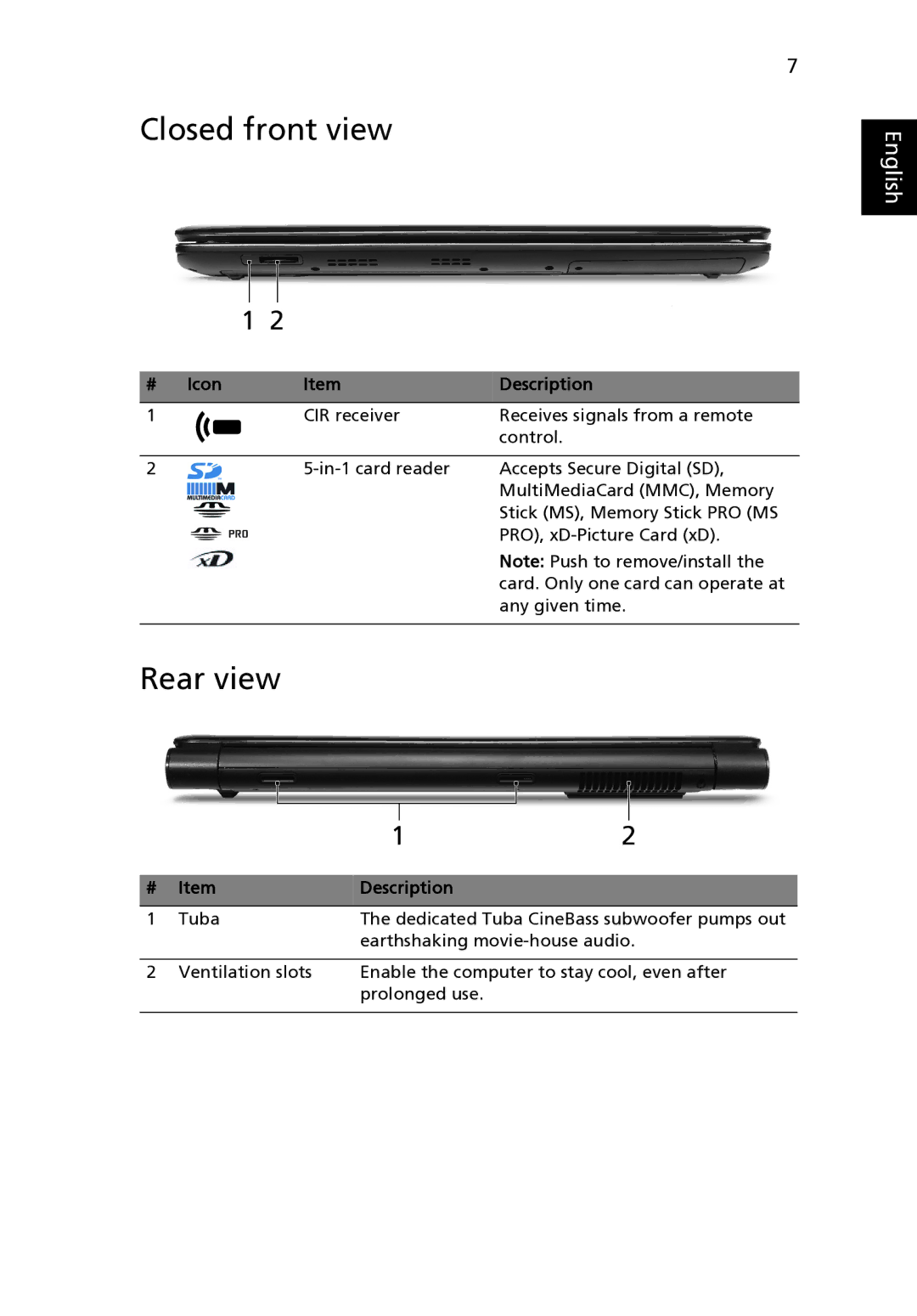 Acer 7738 Series, 7738G manual Closed front view, Rear view 