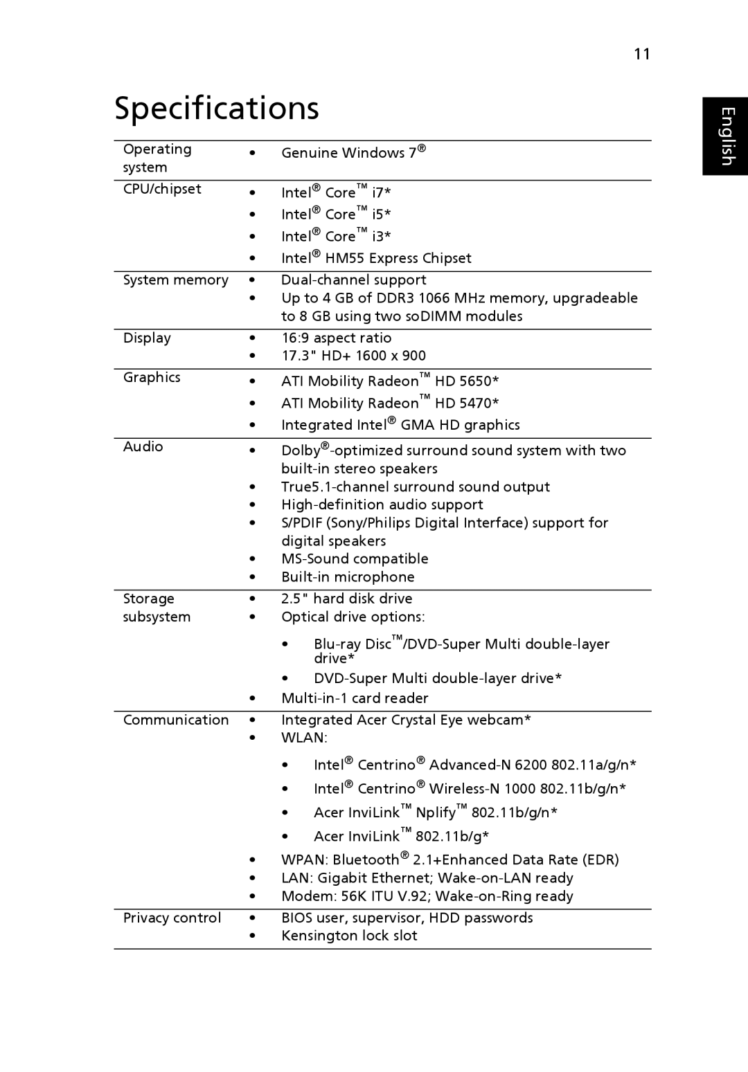 Acer 7740 Series, 7740G manual Specifications, Wlan 