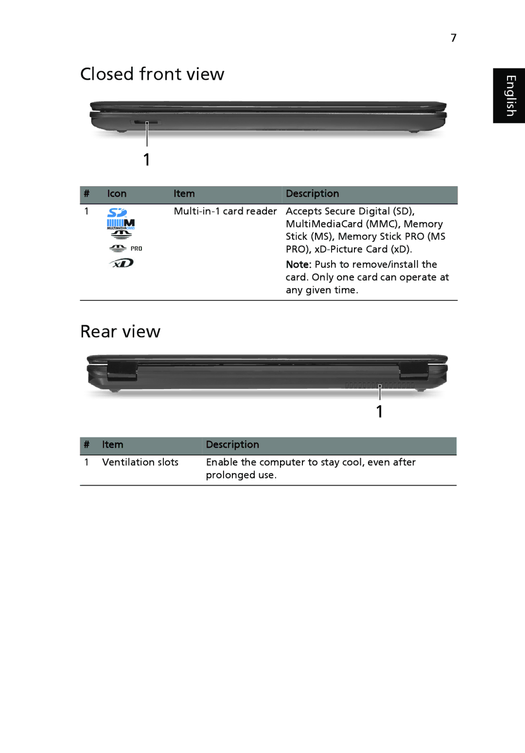 Acer 7740 Series, 7740G manual Closed front view, Rear view 