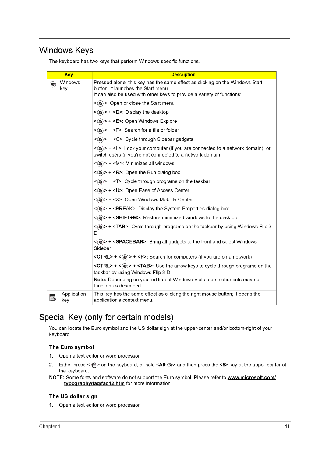 Acer 7740G manual Windows Keys, Special Key only for certain models, Open a text editor or word processor Chapter 