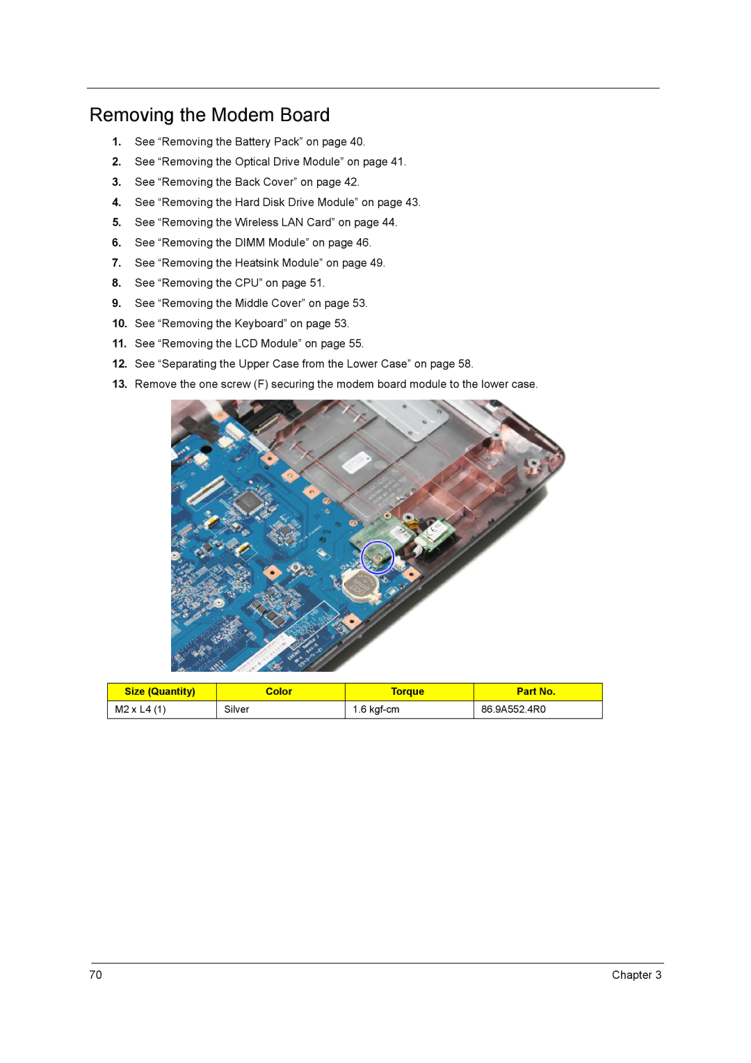 Acer 7740G manual Removing the Modem Board 