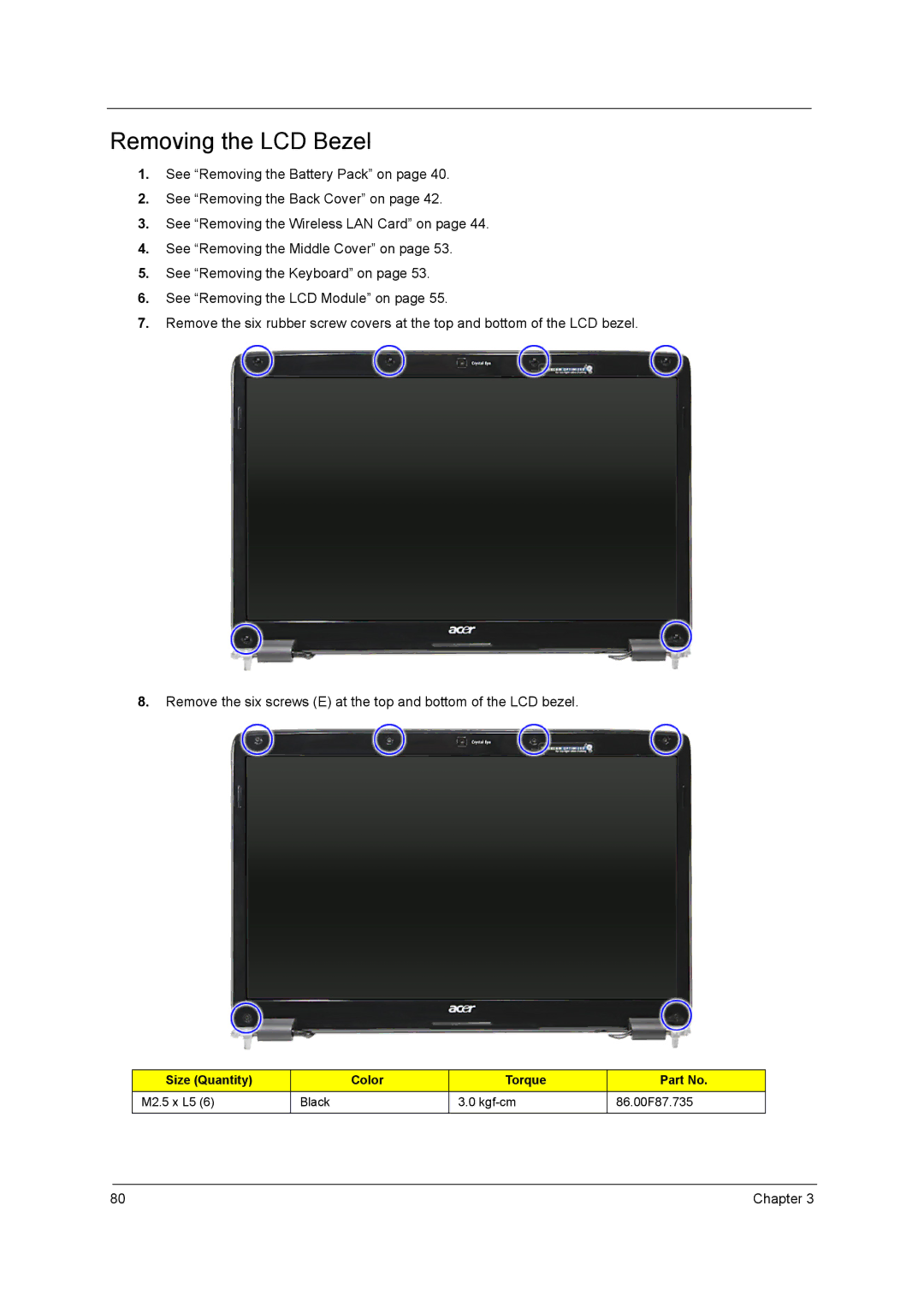 Acer 7740G manual Removing the LCD Bezel 