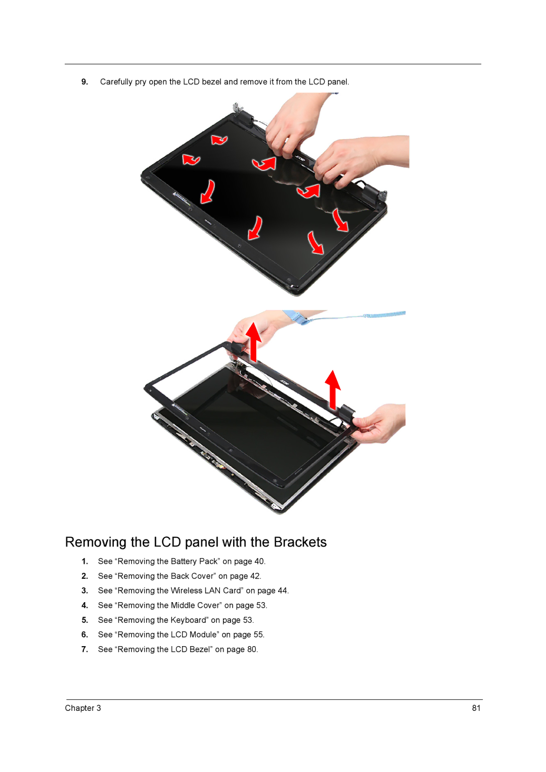 Acer 7740G manual Removing the LCD panel with the Brackets 