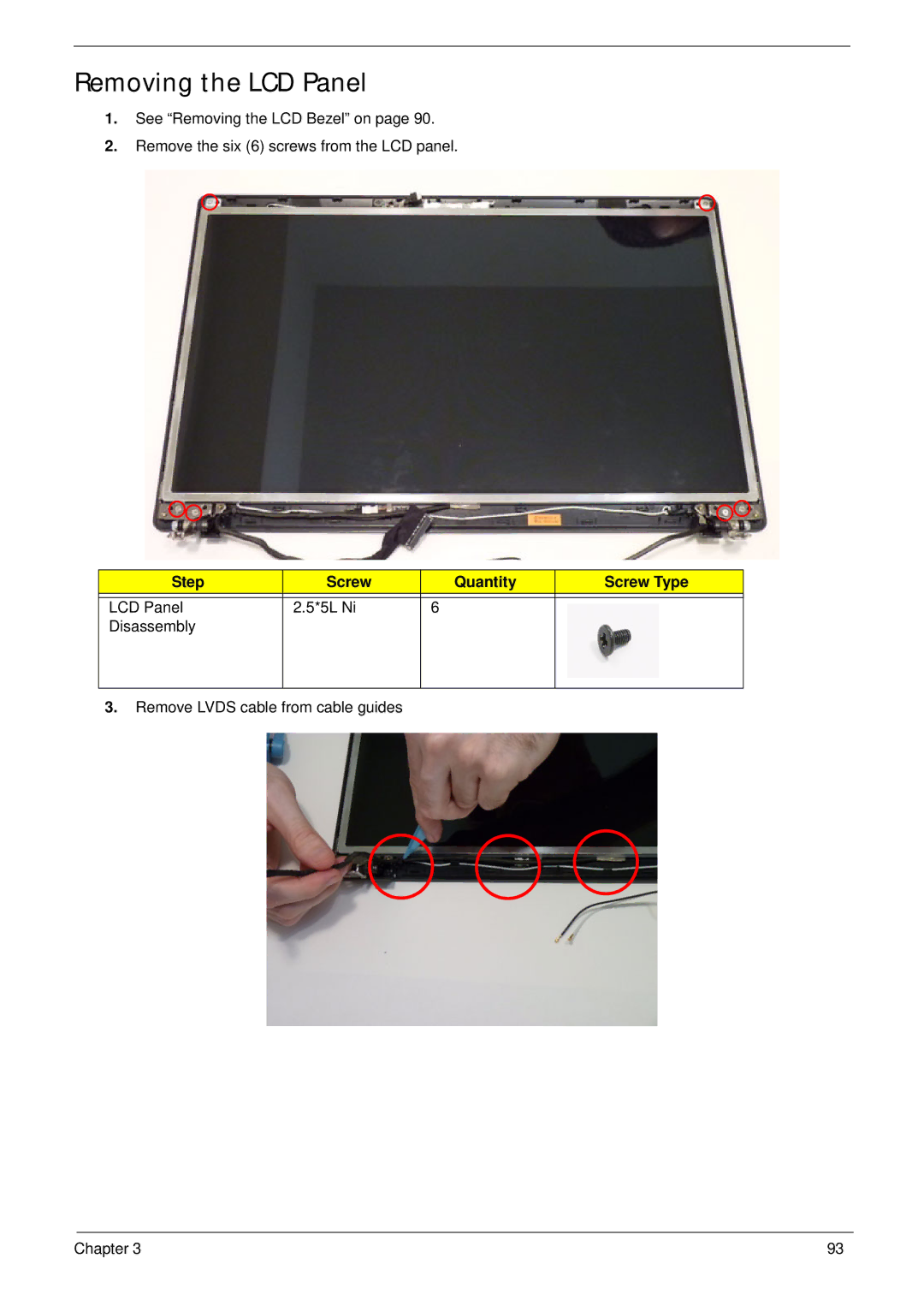 Acer 7745 manual Removing the LCD Panel, Step Screw Quantity Screw Type 