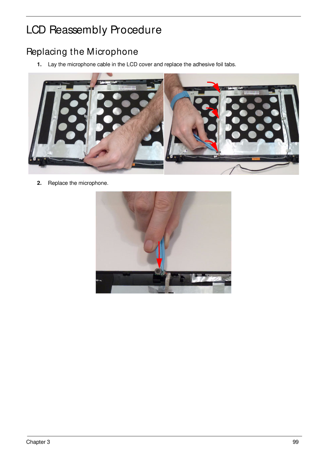 Acer 7745 manual LCD Reassembly Procedure, Replacing the Microphone 