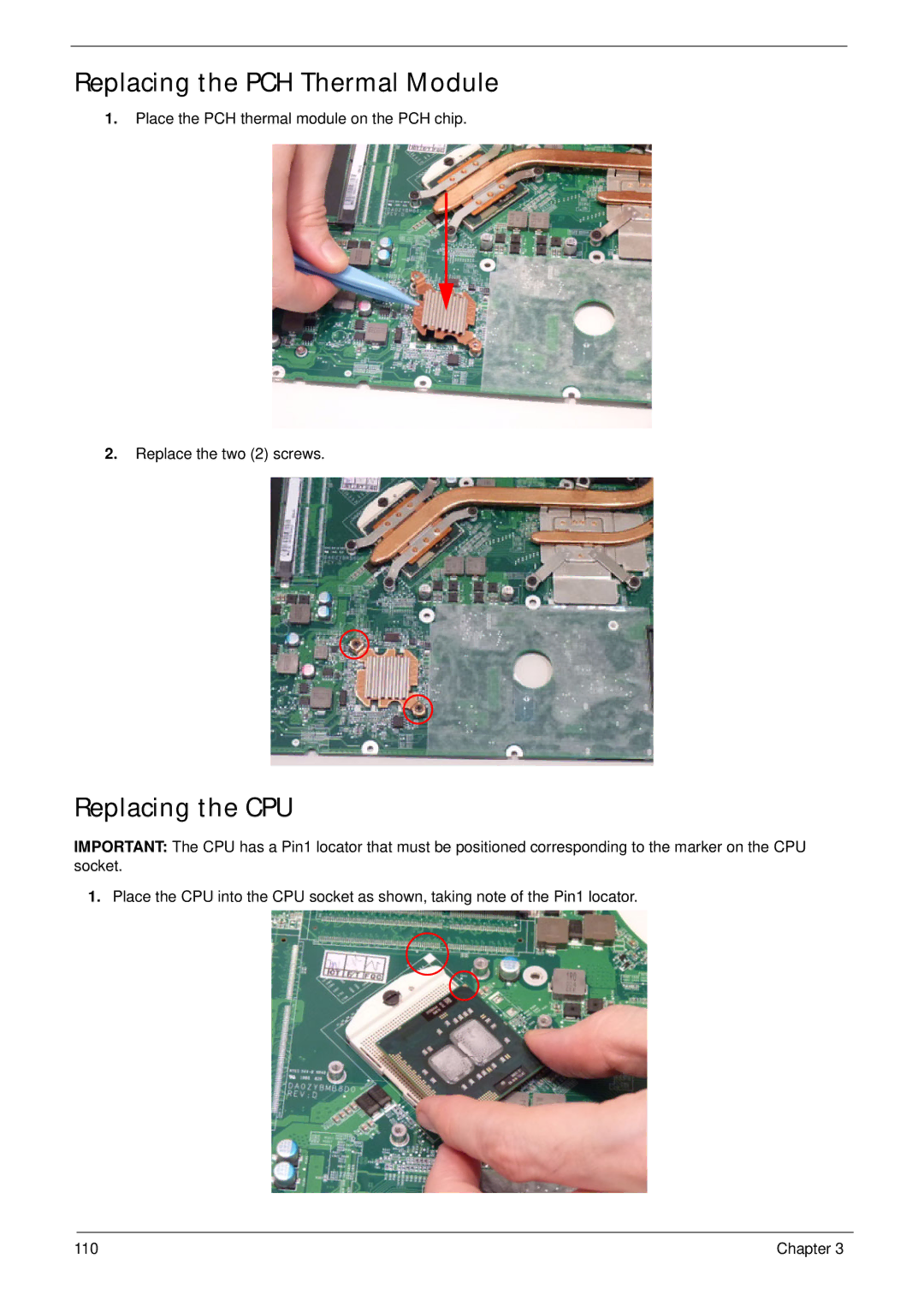 Acer 7745 manual Replacing the PCH Thermal Module, Replacing the CPU 