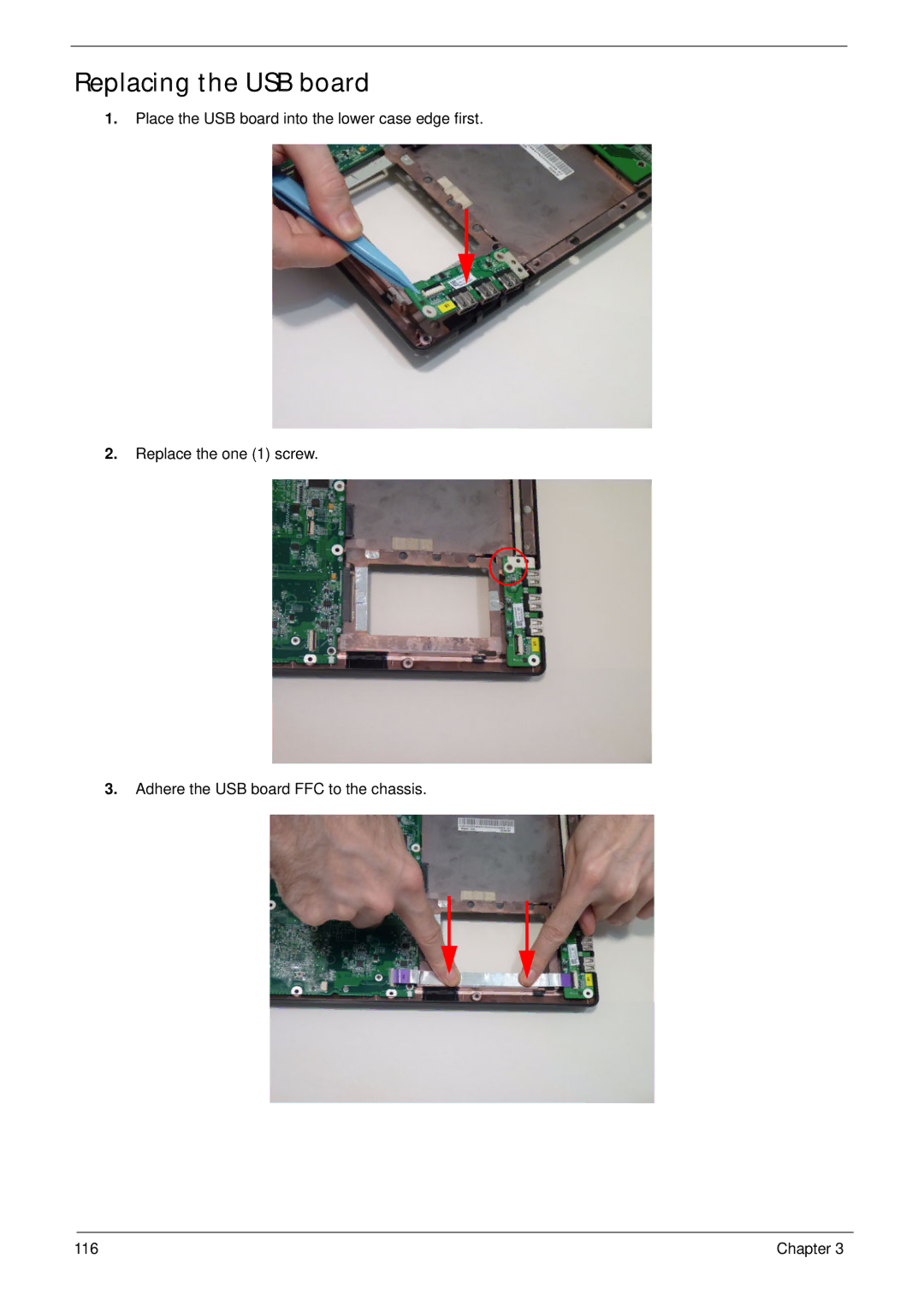 Acer 7745 manual Replacing the USB board 