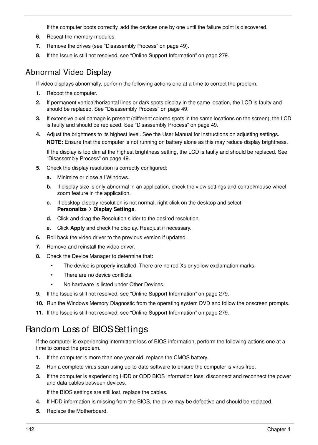 Acer 7745 manual Random Loss of Bios Settings, Abnormal Video Display 