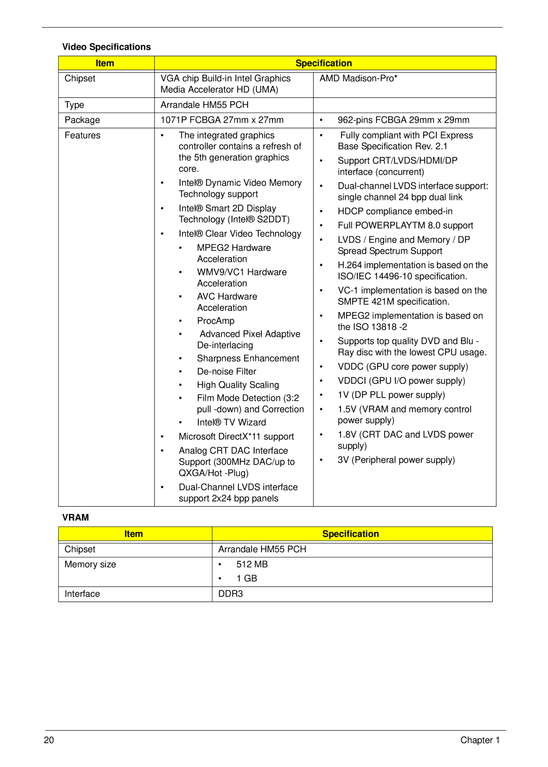 Acer 7745 manual Video Specifications, DDR3 