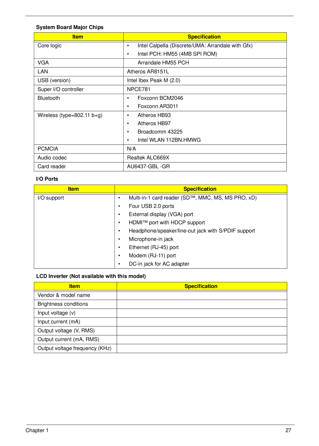 Acer 7745 manual System Board Major Chips Specification, Ports Specification 