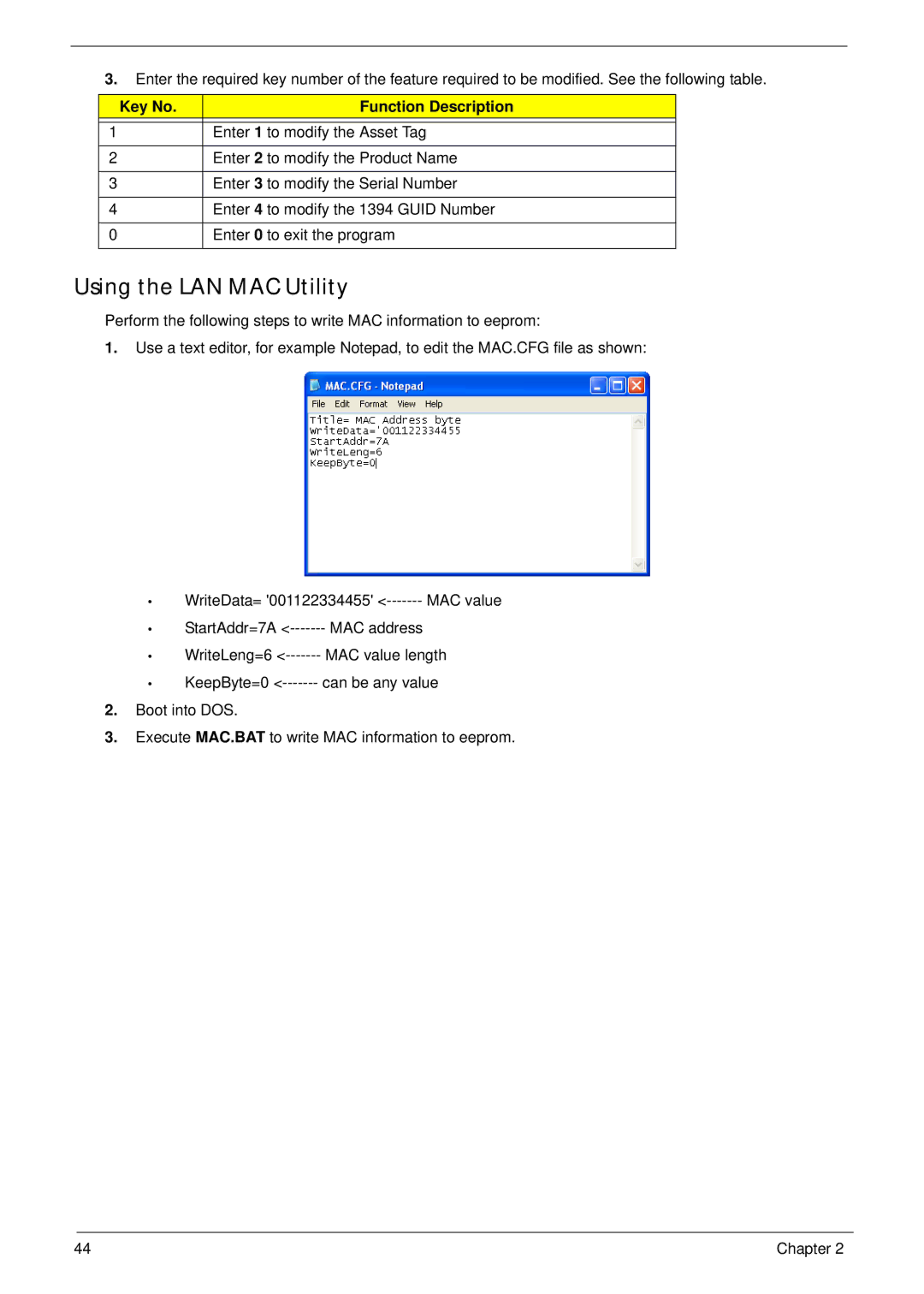 Acer 7745 manual Using the LAN MAC Utility, Function Description 