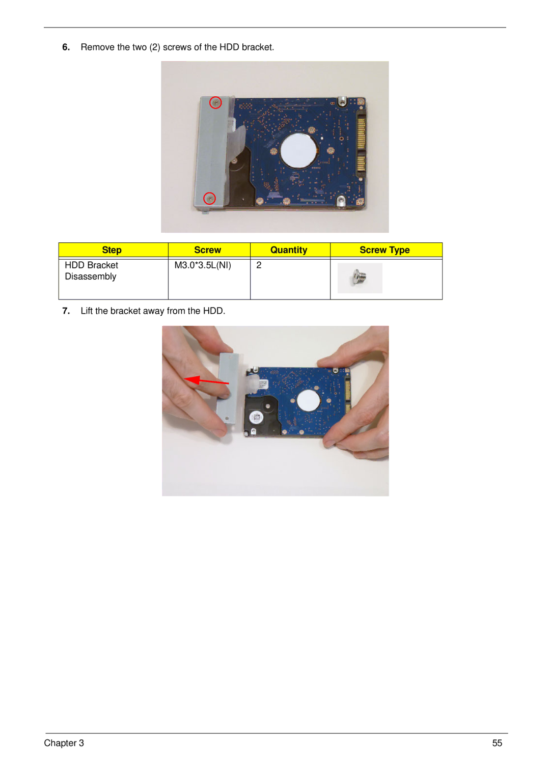 Acer 7745 manual Remove the two 2 screws of the HDD bracket 