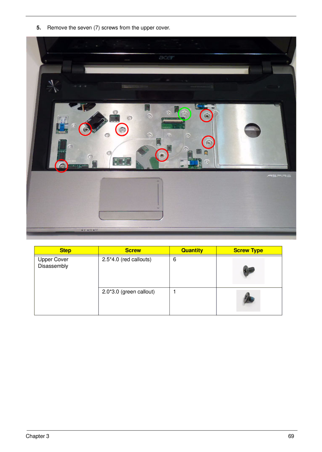 Acer 7745 manual Remove the seven 7 screws from the upper cover 