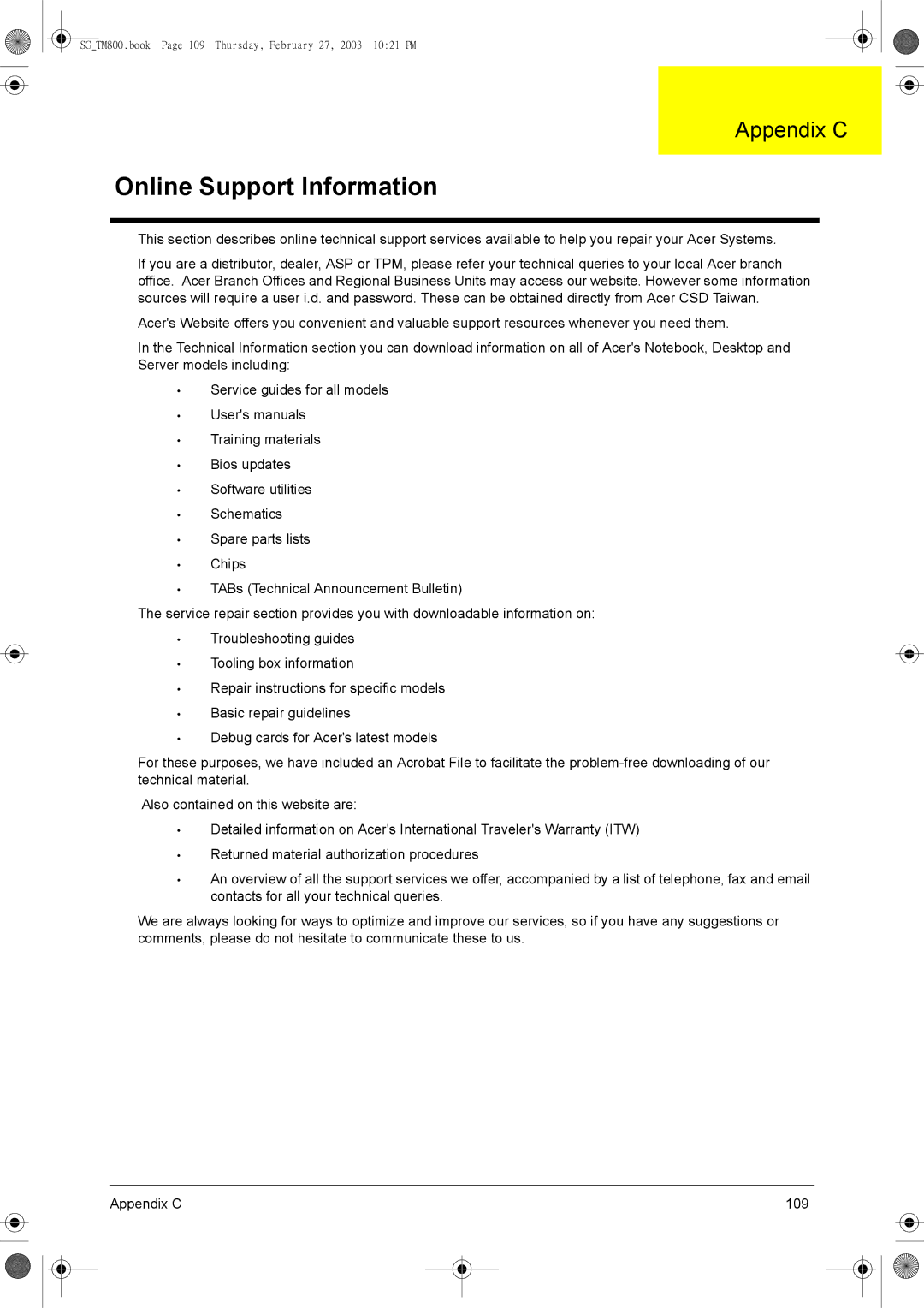 Acer 800 manual Online Support Information, Appendix C 