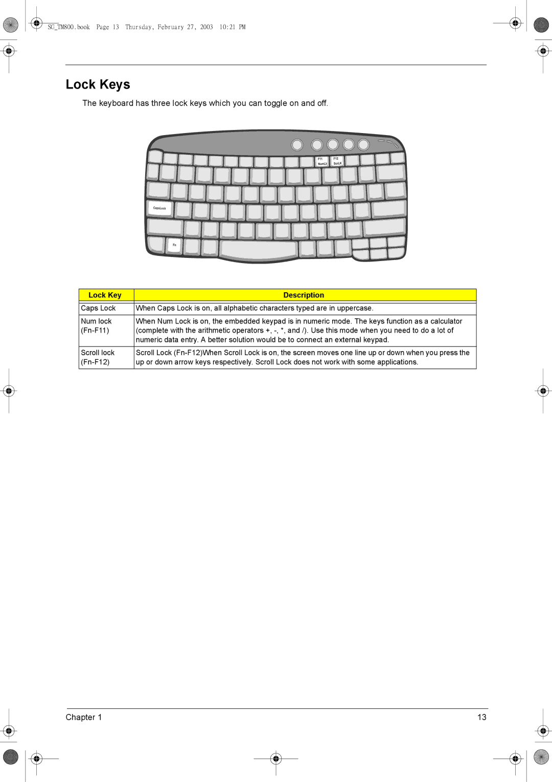 Acer 800 manual Lock Keys, Lock Key Description 