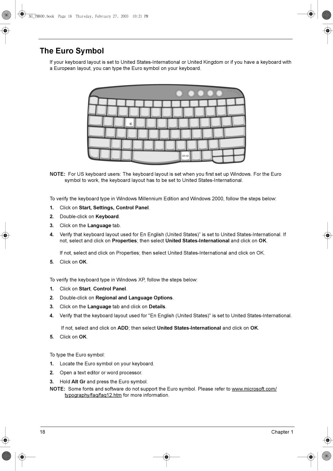 Acer 800 manual Euro Symbol, Click on Start, Settings, Control Panel 