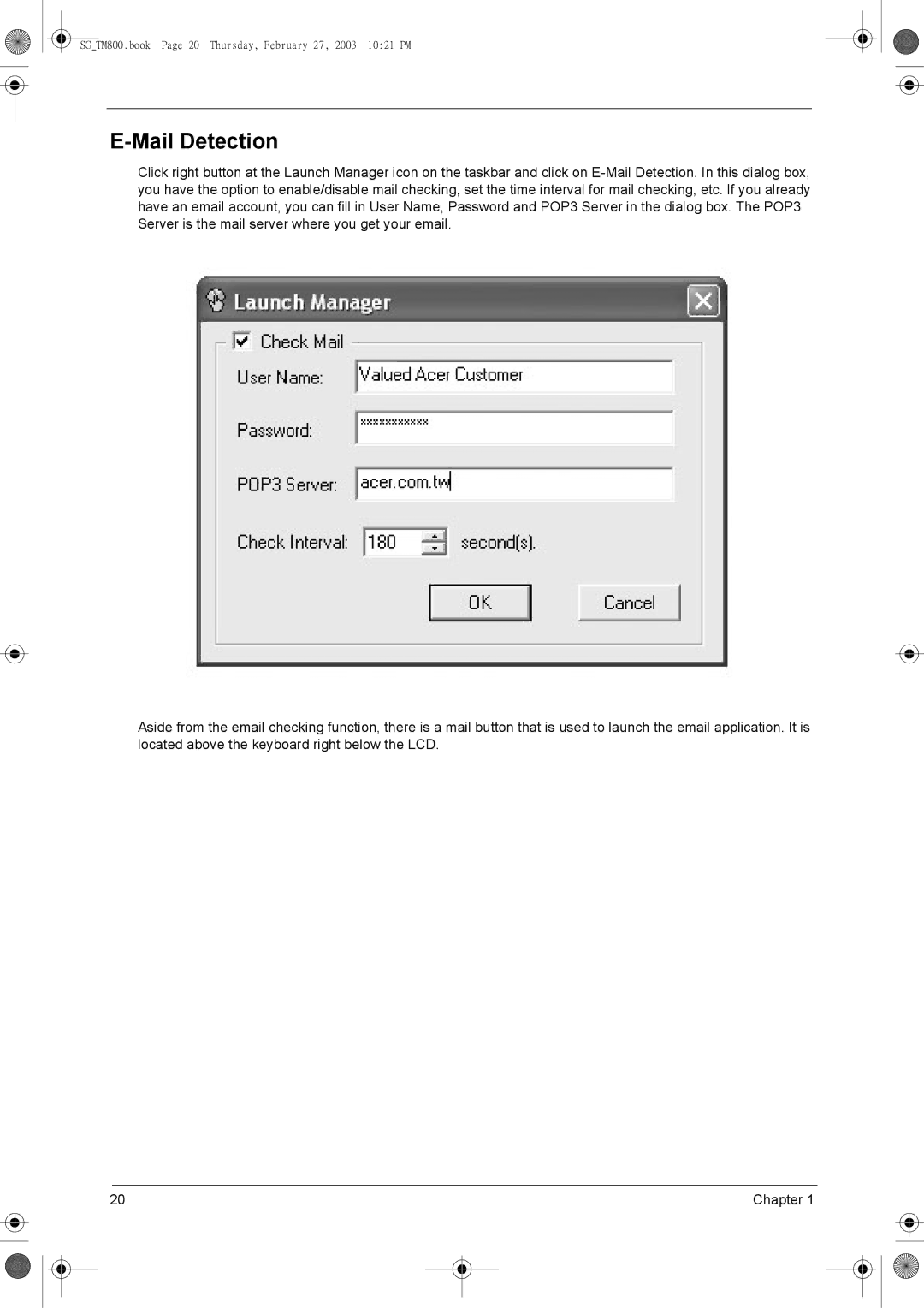 Acer 800 manual Mail Detection 