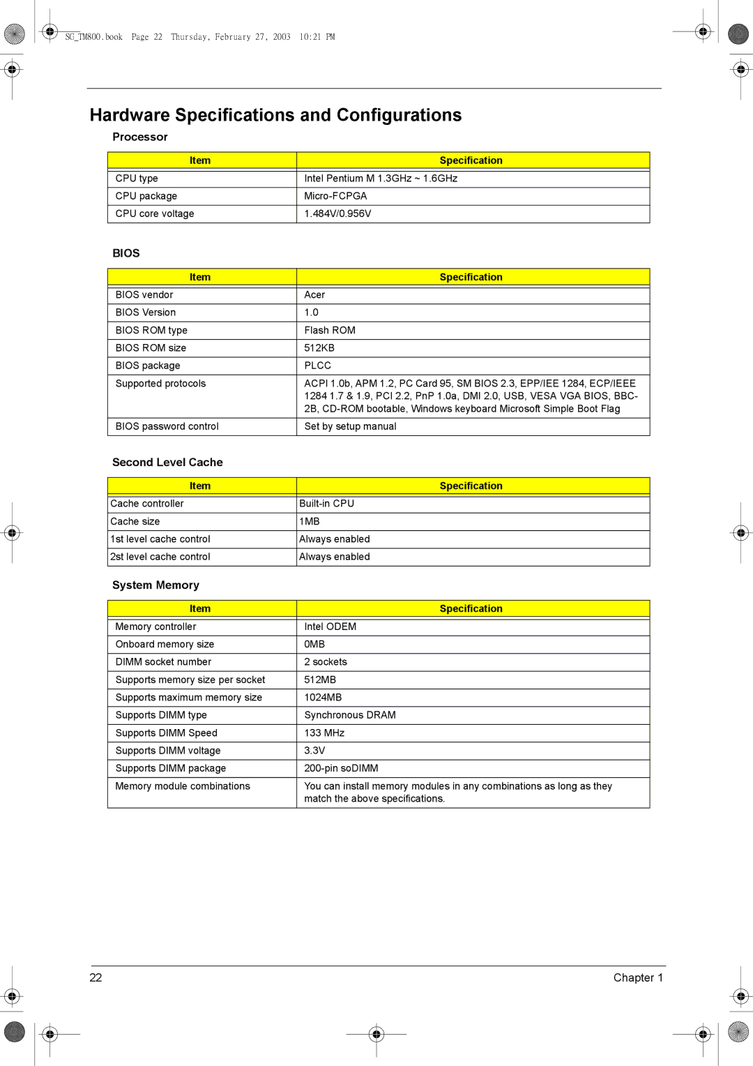 Acer 800 manual Hardware Specifications and Configurations, Processor, Second Level Cache, System Memory 