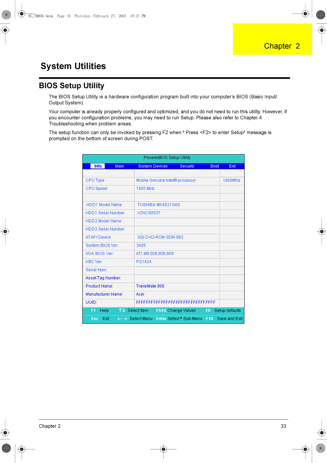 Acer 800 manual System Utilities, Bios Setup Utility 