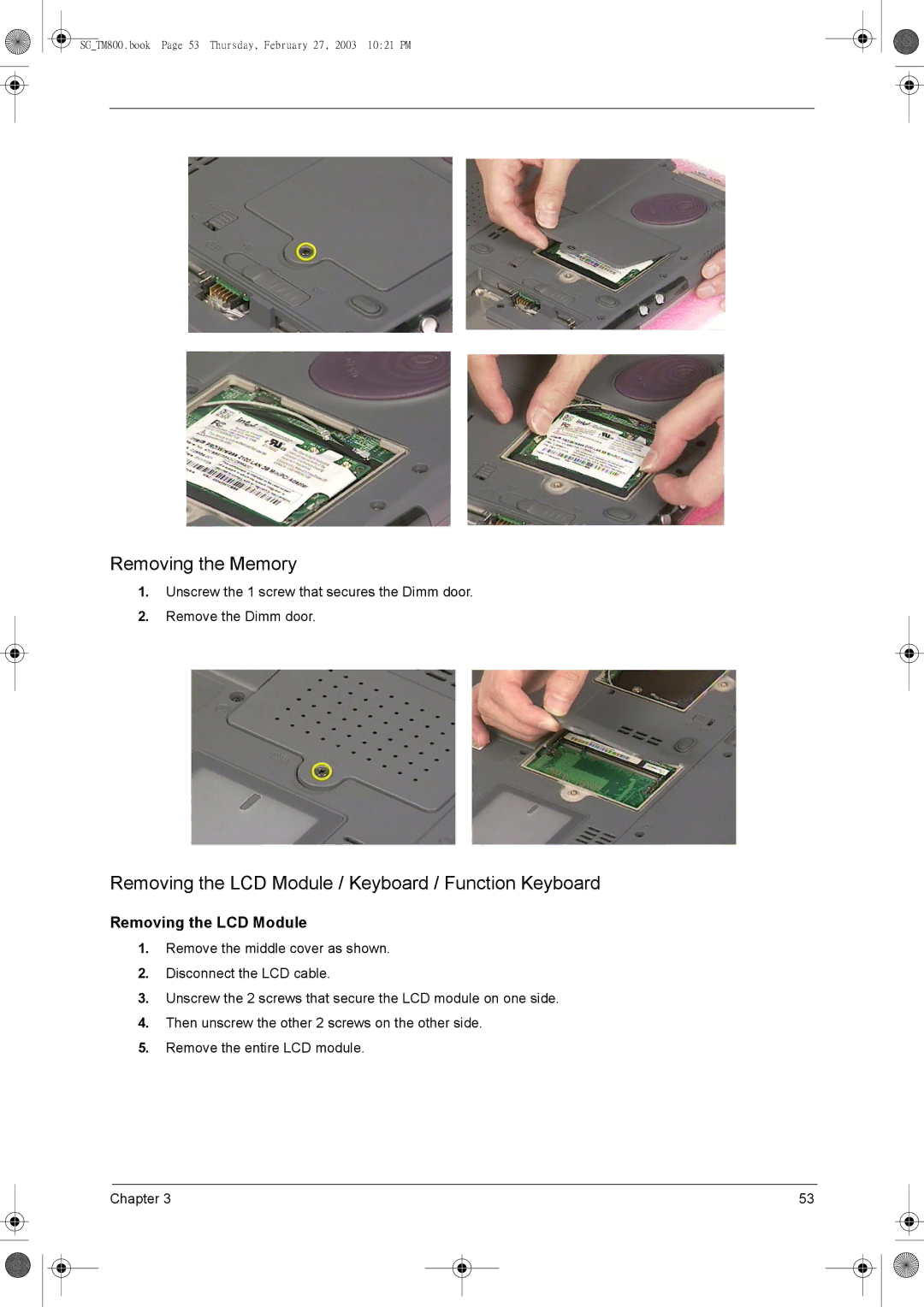 Acer 800 manual Removing the Memory 