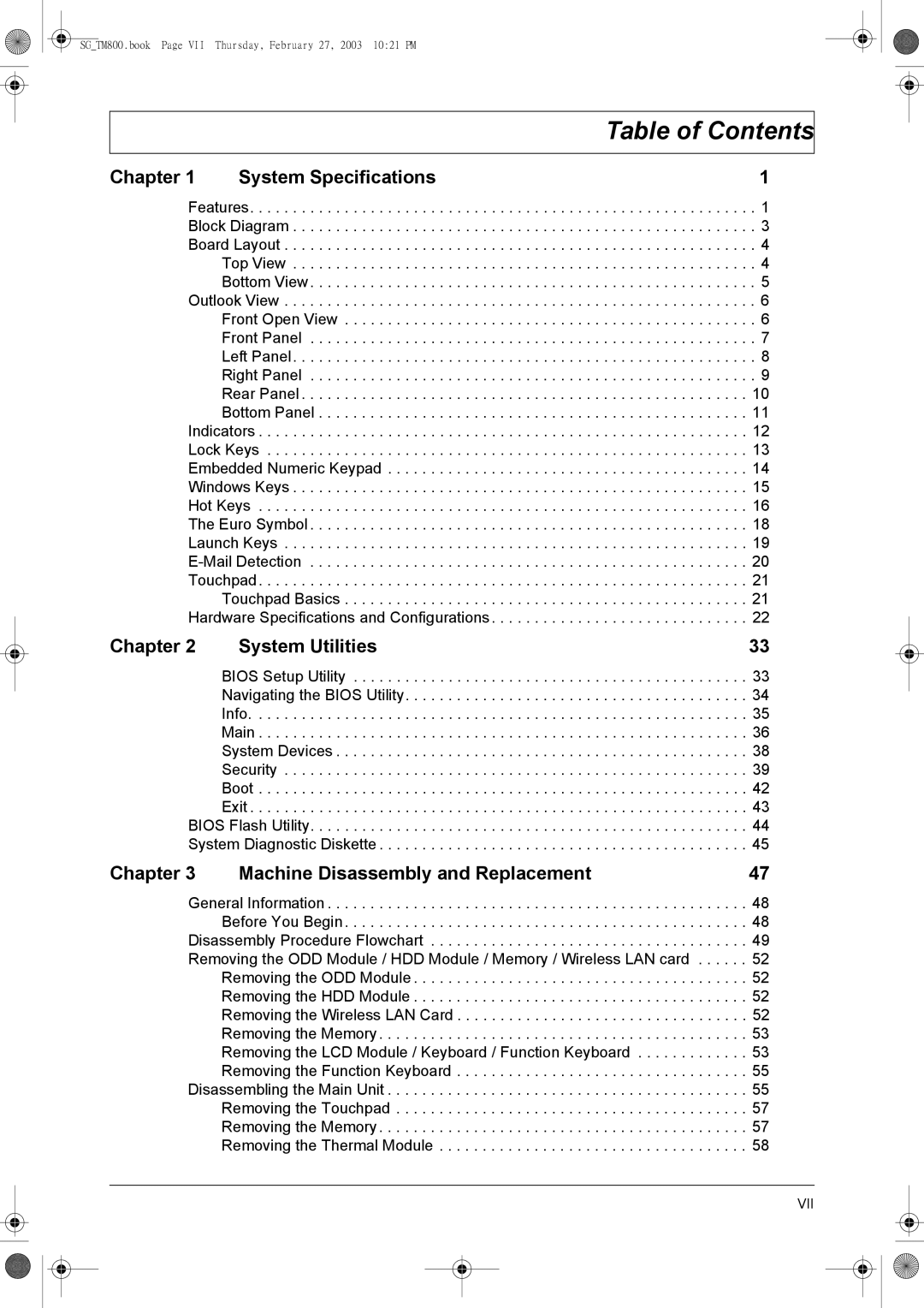 Acer 800 manual Table of Contents 