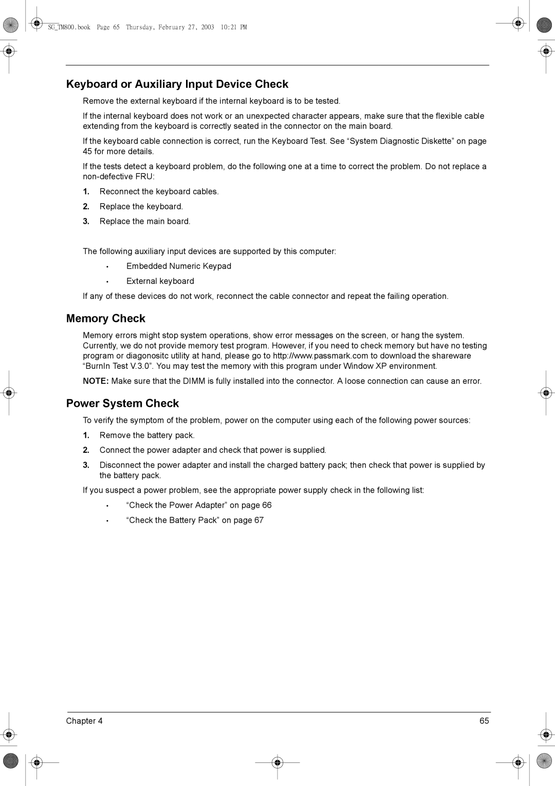 Acer 800 manual Keyboard or Auxiliary Input Device Check, Memory Check Power System Check 