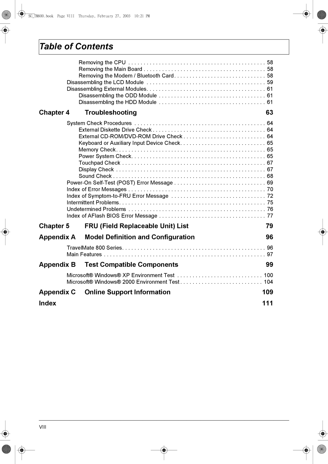 Acer 800 manual Chapter Troubleshooting, Appendix B Test Compatible Components 