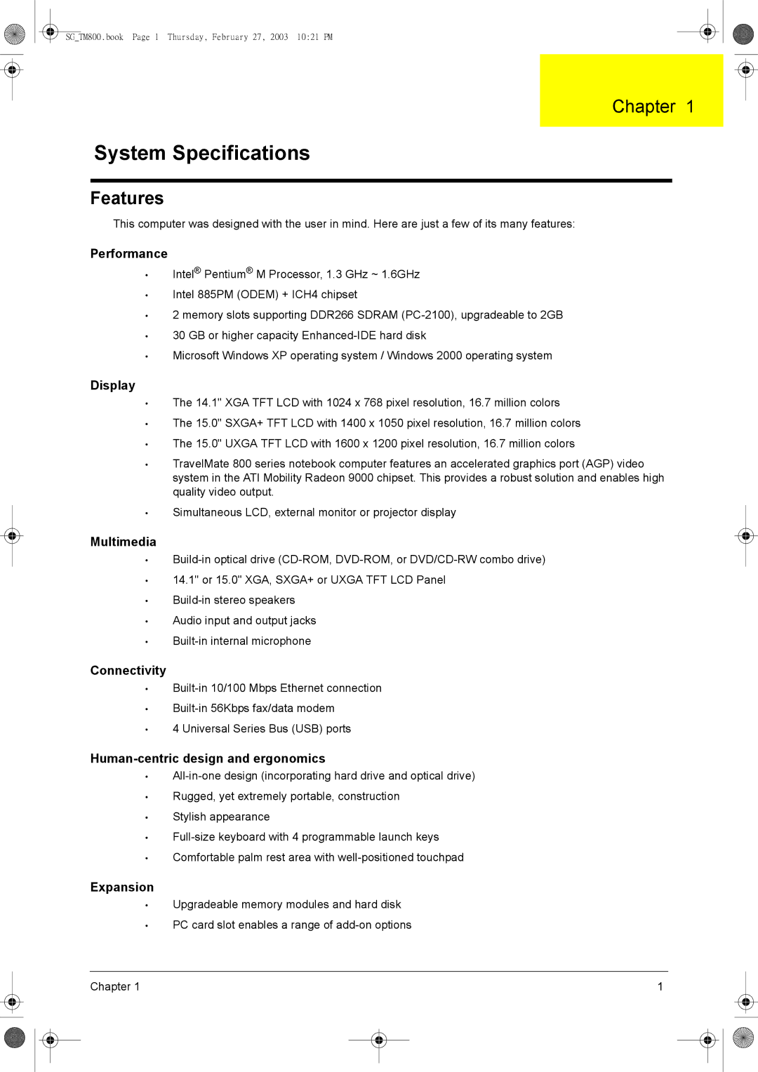 Acer 800 manual Chapter, Features 