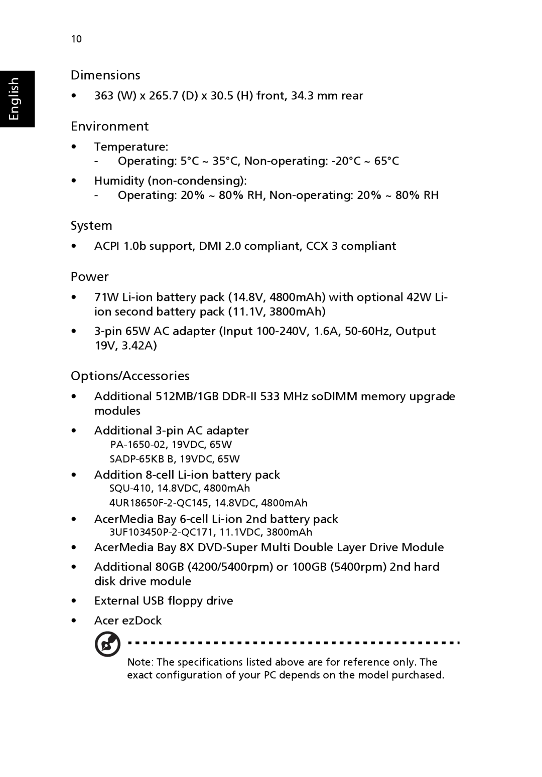 Acer 8100 Series manual Dimensions, Environment, System, Power, Options/Accessories 