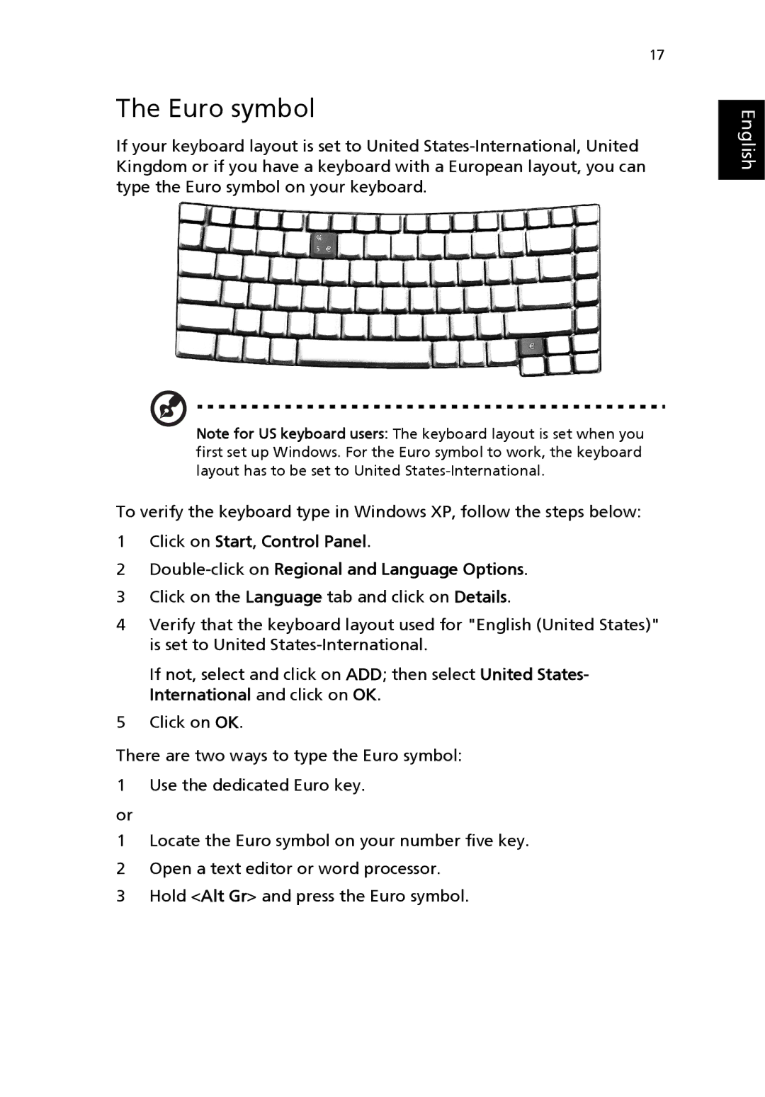 Acer 8100 Series manual Euro symbol 