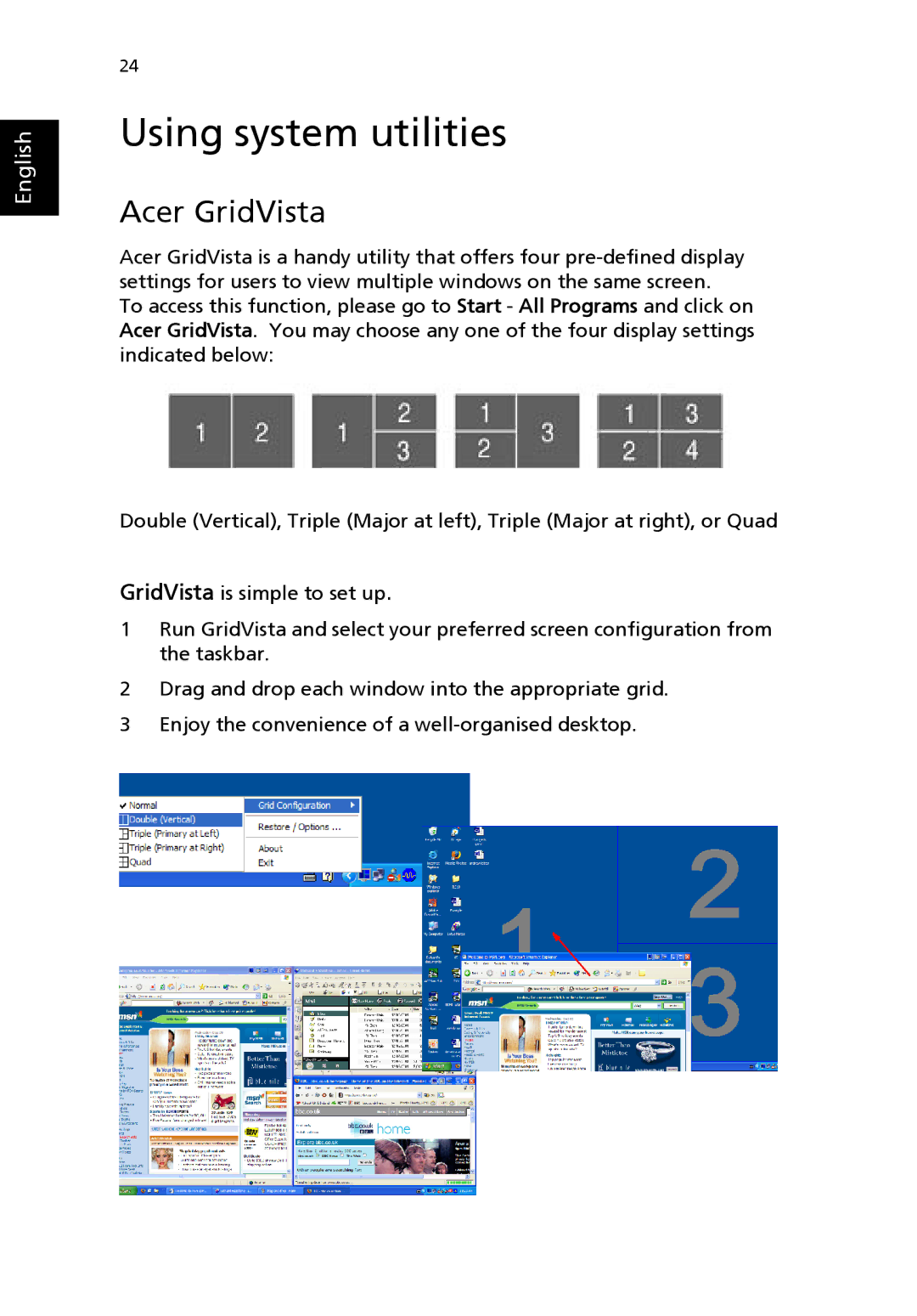 Acer 8100 Series manual Using system utilities, Acer GridVista 