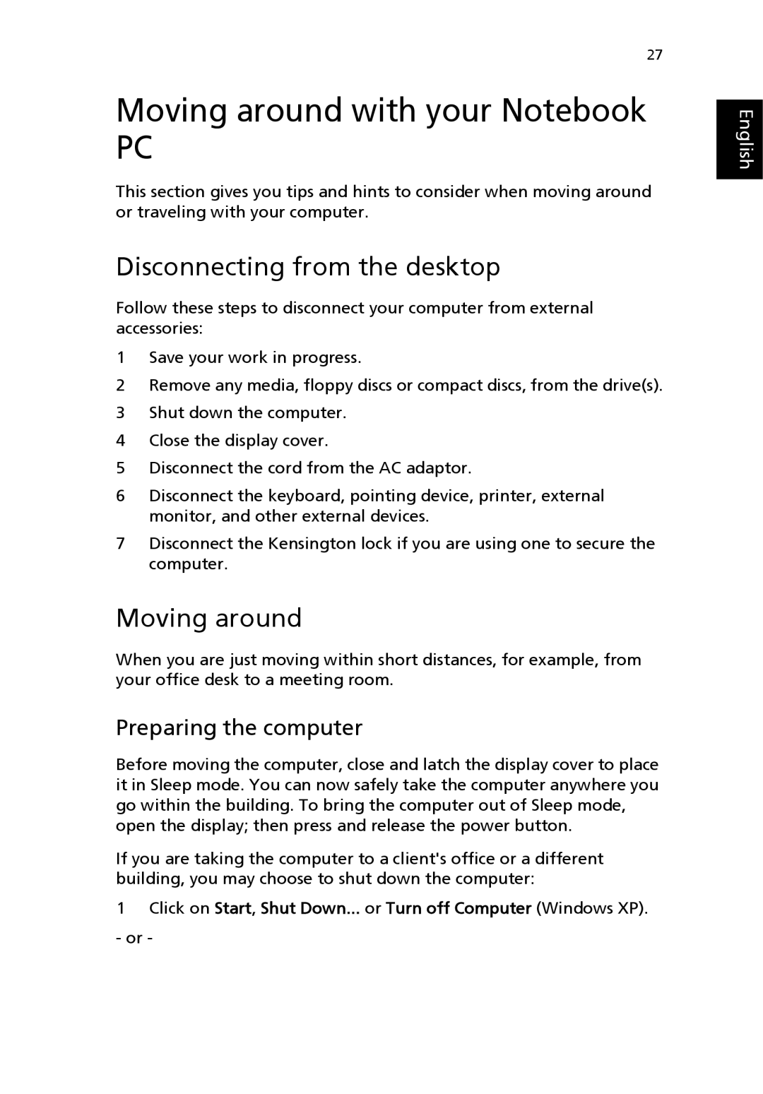 Acer 8100 Series manual Moving around with your Notebook, Disconnecting from the desktop, Preparing the computer 