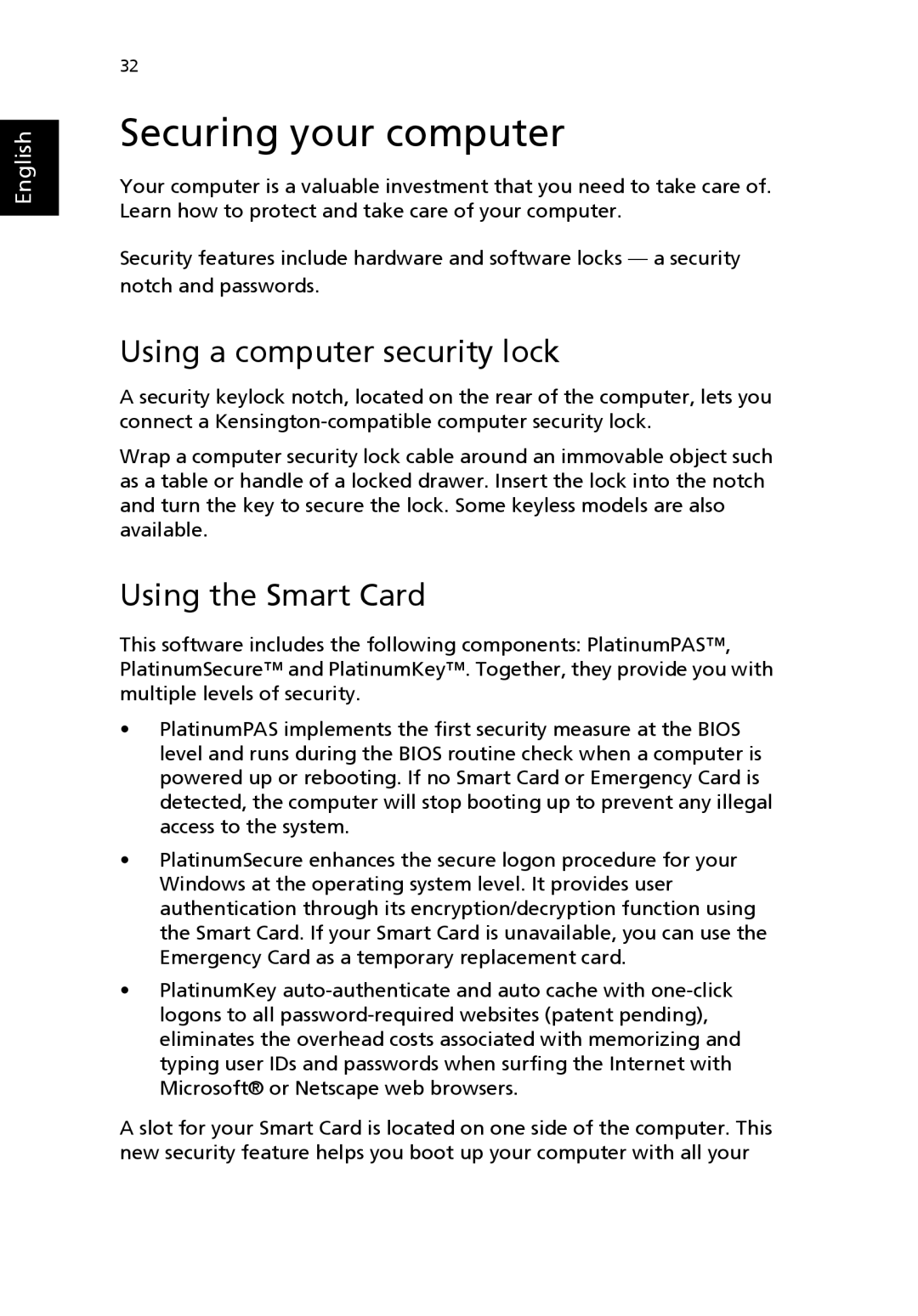 Acer 8100 Series manual Securing your computer, Using a computer security lock, Using the Smart Card 