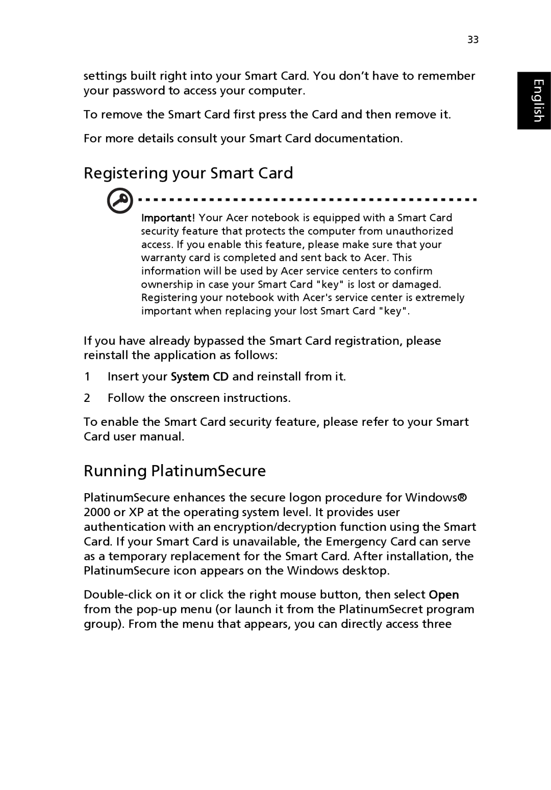 Acer 8100 Series manual Registering your Smart Card, Running PlatinumSecure 