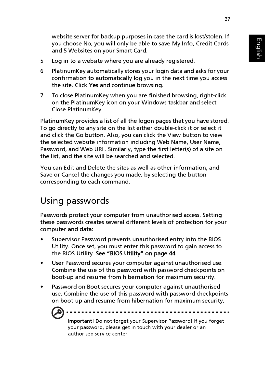 Acer 8100 Series manual Using passwords 