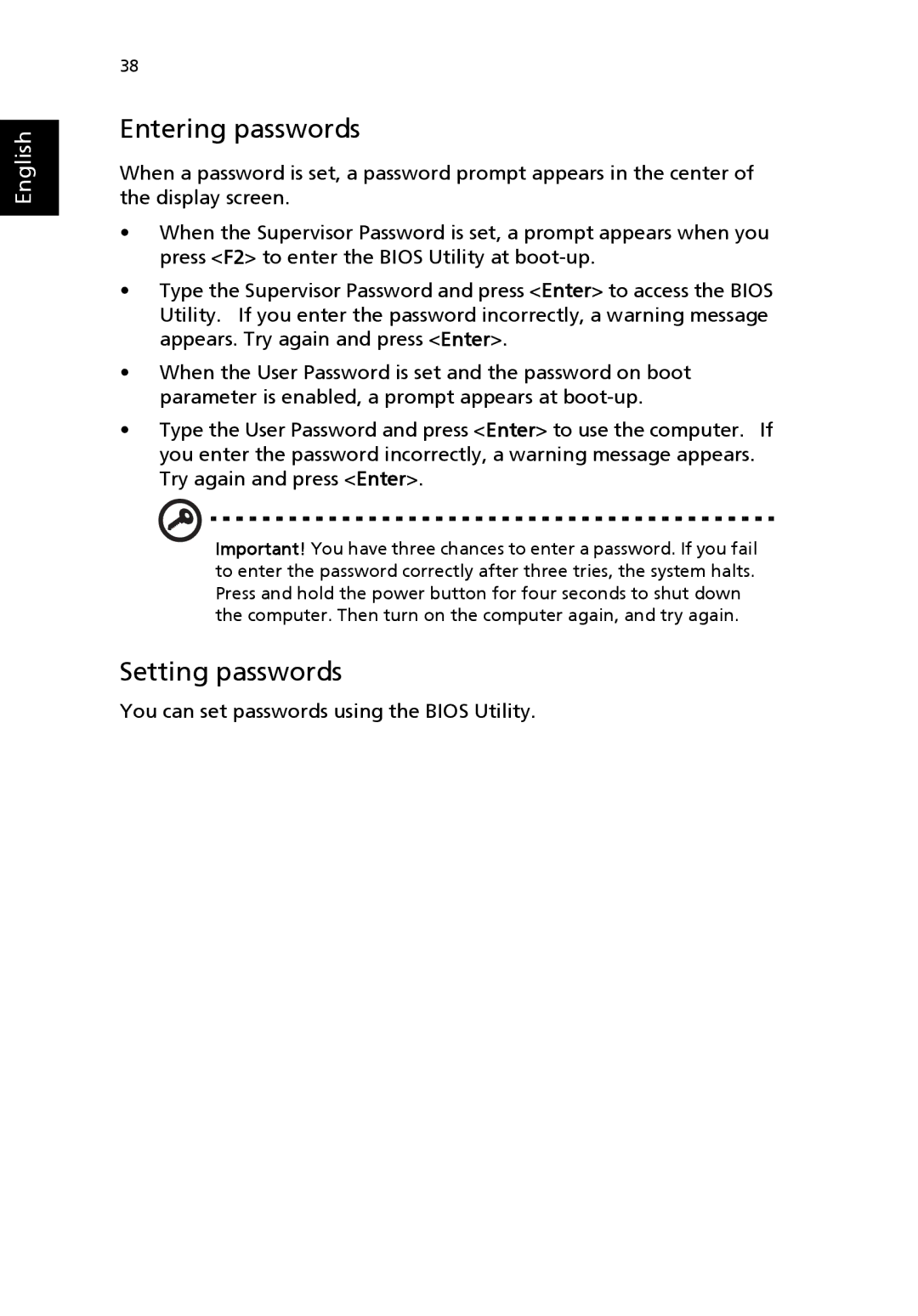 Acer 8100 Series manual Entering passwords, Setting passwords 