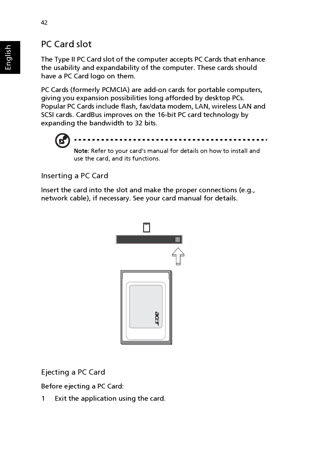 Acer 8100 Series manual PC Card slot, Inserting a PC Card, Ejecting a PC Card 