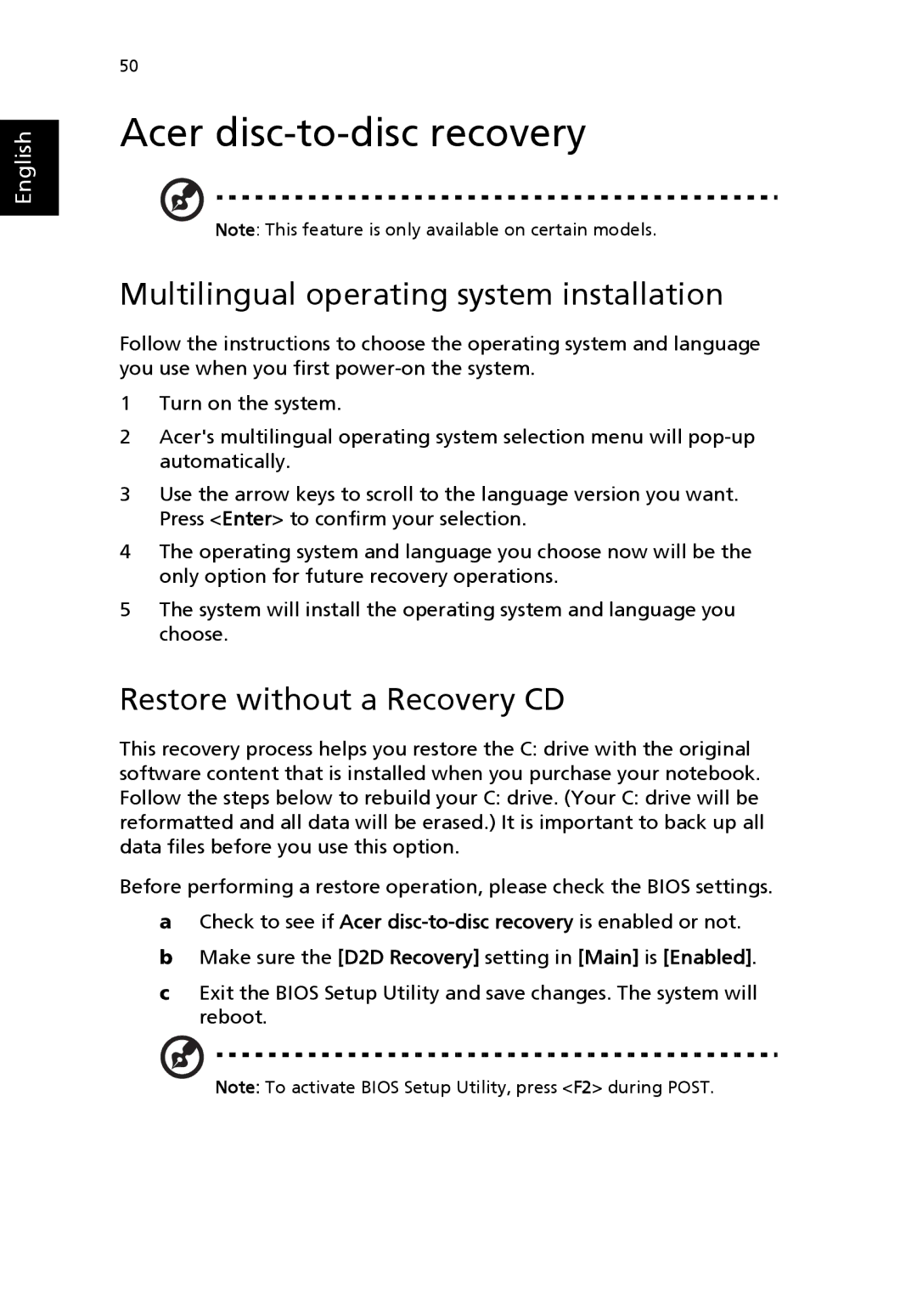 Acer 8100 Series Acer disc-to-disc recovery, Multilingual operating system installation, Restore without a Recovery CD 