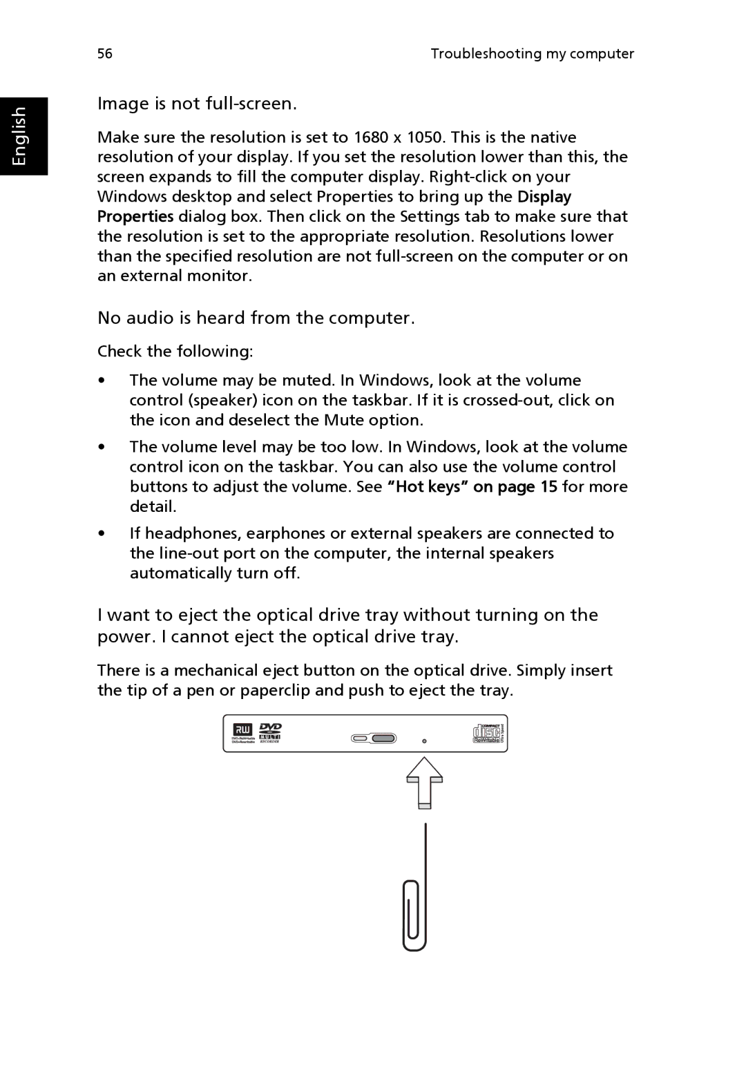 Acer 8100 Series manual Image is not full-screen, No audio is heard from the computer 