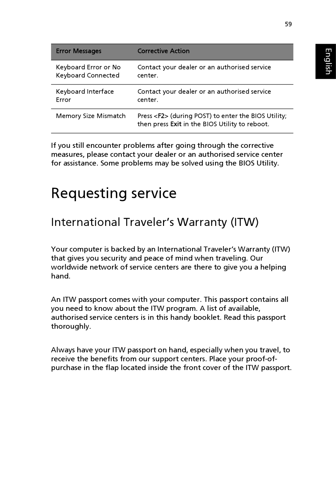 Acer 8100 Series manual Requesting service, International Traveler’s Warranty ITW 