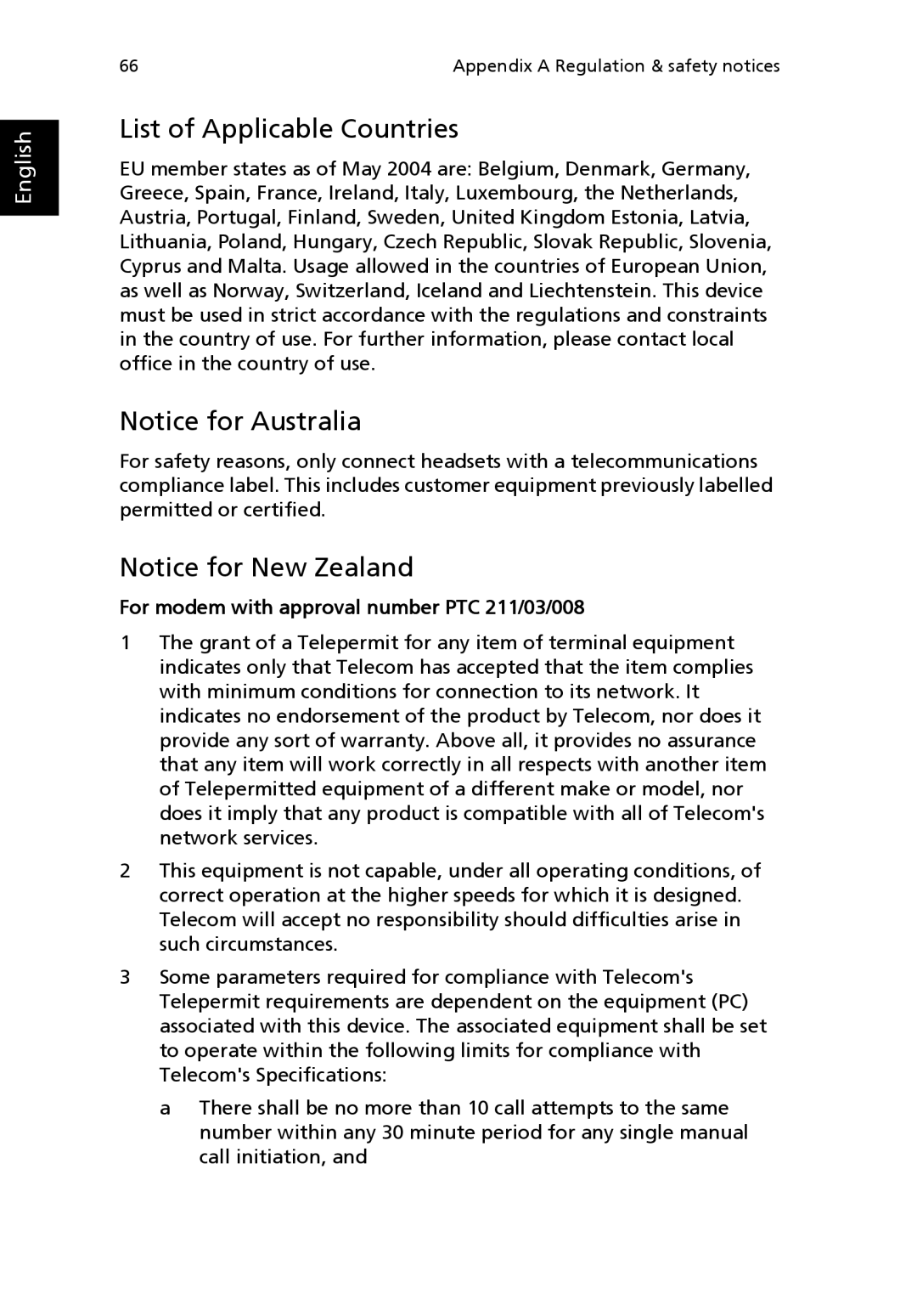 Acer 8100 Series manual List of Applicable Countries, For modem with approval number PTC 211/03/008 